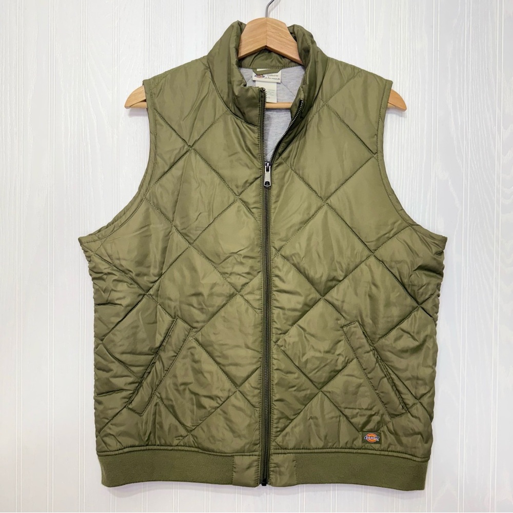 Dickies olive green quilted puffer zip up chore vest size large